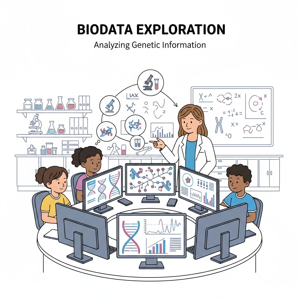 K12 students exploring bioinformatics data in a lab