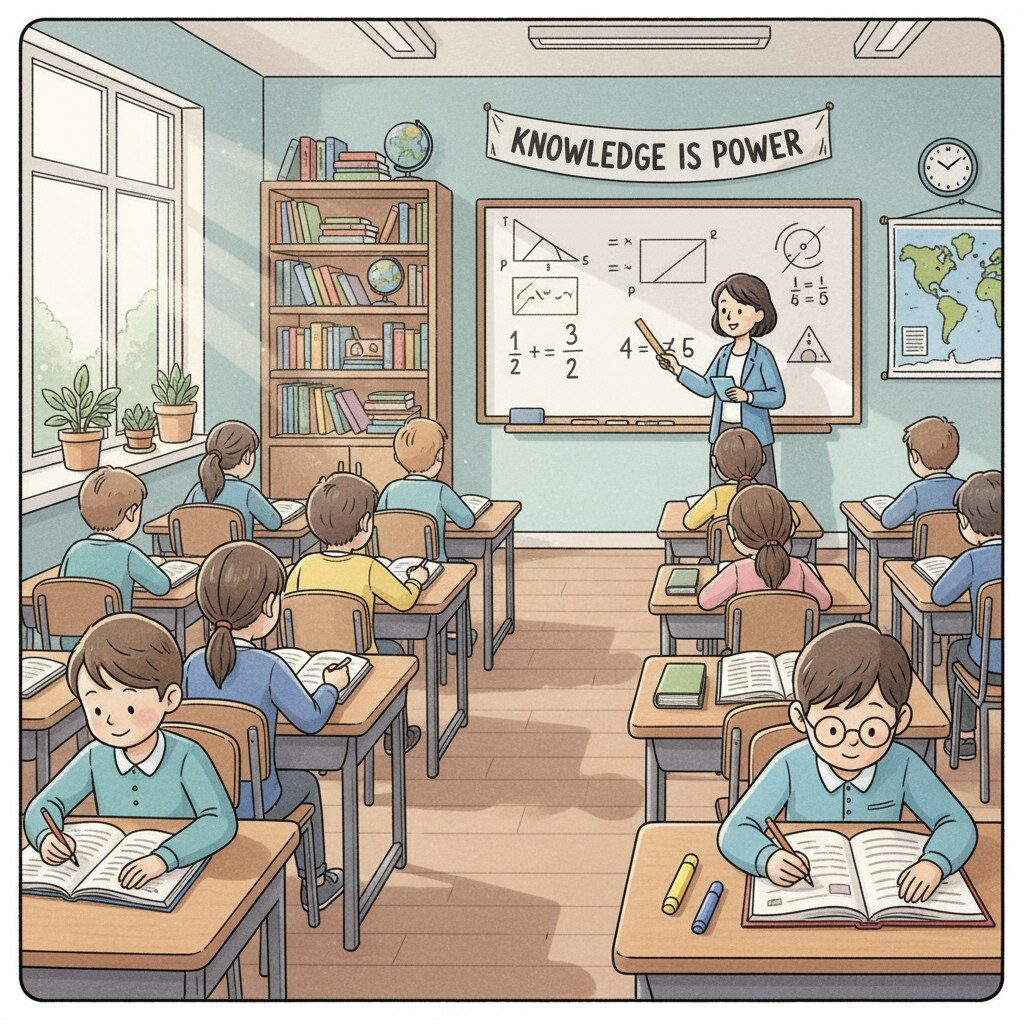 A classroom scene where students are focused on their studies, showing an environment conducive to learning. Classroom scene related to child tax credit, student performance, and parental responsibility