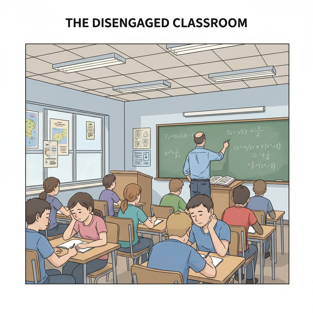 A classroom scene depicting potential disengagement of high-IQ students in a traditional educational setting related to academic potential, education interruption, life reinvention
