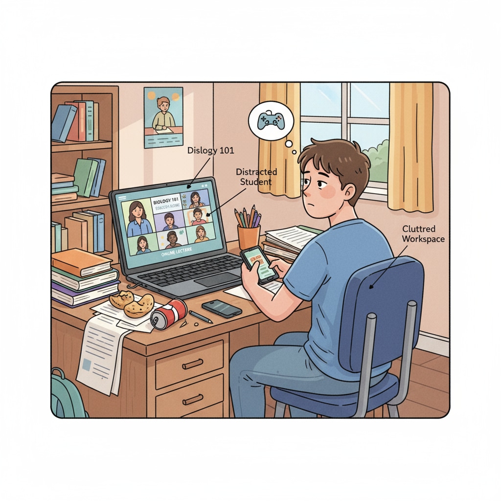 A student showing signs of distraction during online learning, highlighting the challenge of self-discipline
