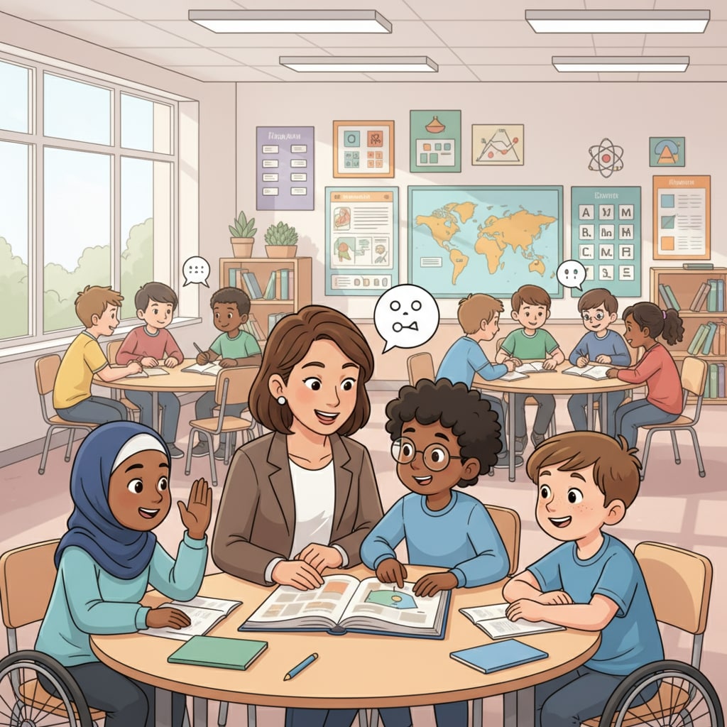 A classroom filled with students of different backgrounds and an educator interacting with them in an inclusive manner. A classroom scene promoting neurodiversity in K12 education for system reform
