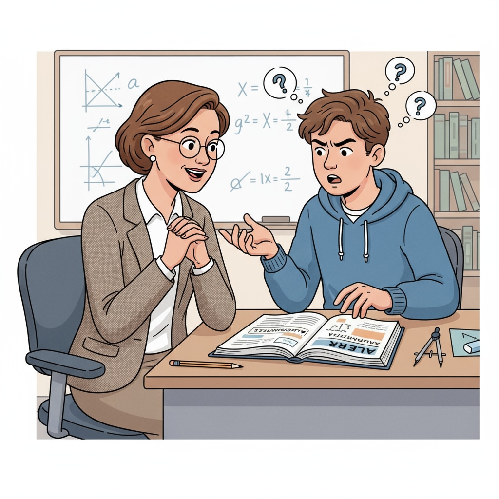 An educator sitting with a student, listening intently as the student expresses difficulties in learning. An educator using personal neurodiversity experience to support a student in K12 education