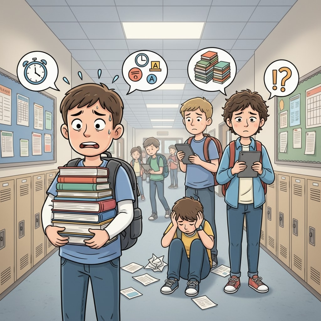 K12 students under pressure in a school corridor related to mental health, school withdrawal, and social pressure