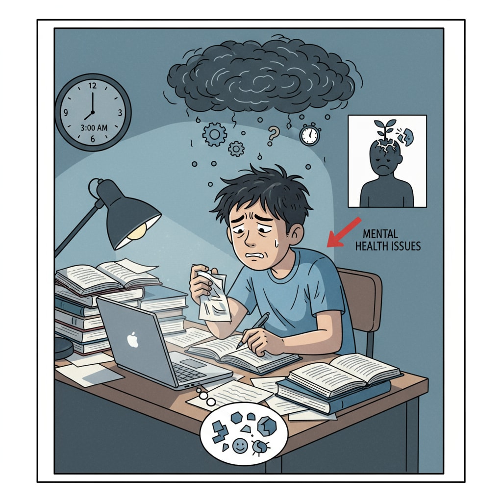 A worried student studying at a desk in relation to mental health, school withdrawal, and social pressure