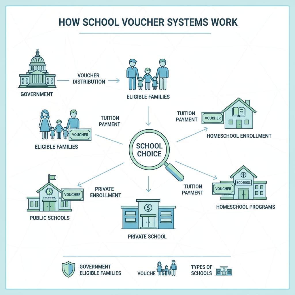 Graphic showing voucher distribution and use in different schools relevant to educational reform, voucher system, and free school market