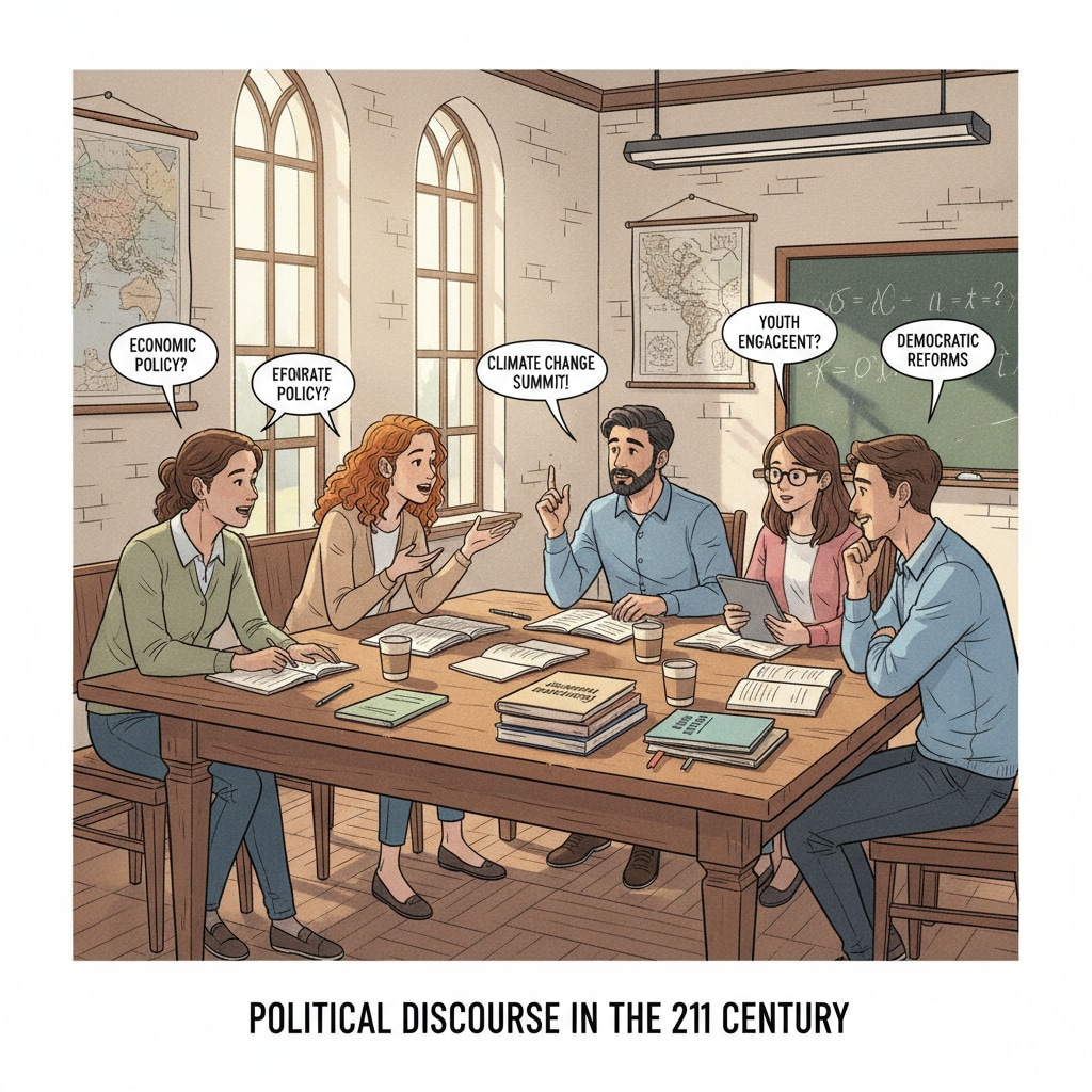 Students discussing political science in a European university classroom