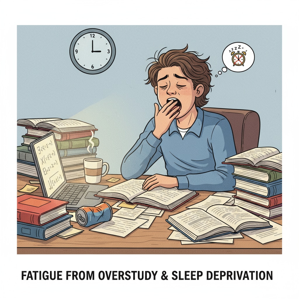 A tired student yawning due to sleep deprivation related to school stress, emphasizing the impact on mental health.