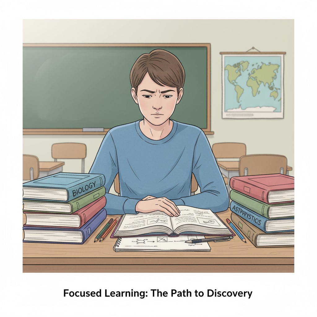 A student engaged in solitude learning, away from social pressure, with potential for teacher intervention.