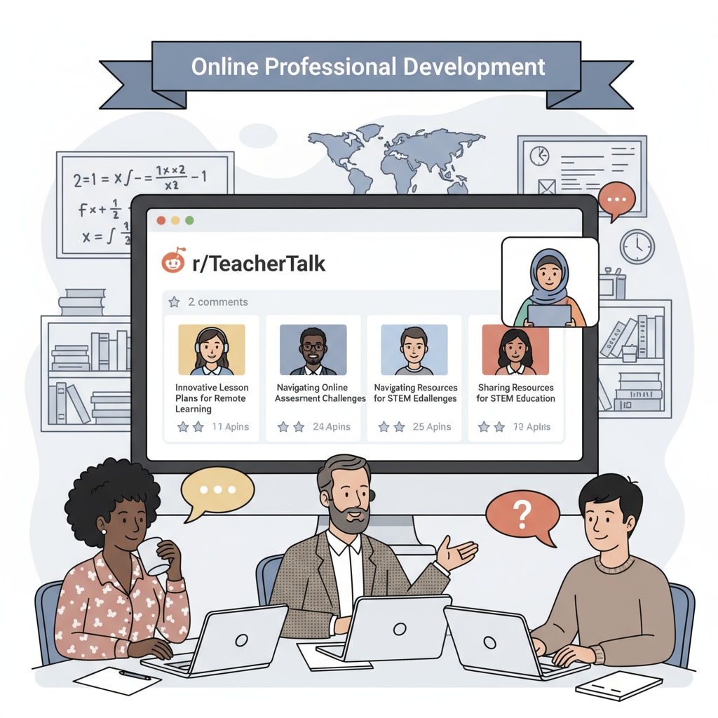 Teachers having an online discussion related to community rules, educational networks, and subreddits on Reddit.