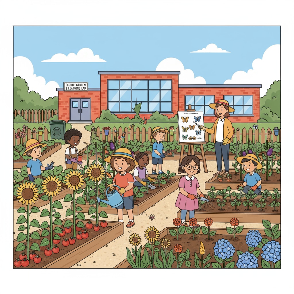 Students engaged in practical education in a school garden promoting interdisciplinary learning.