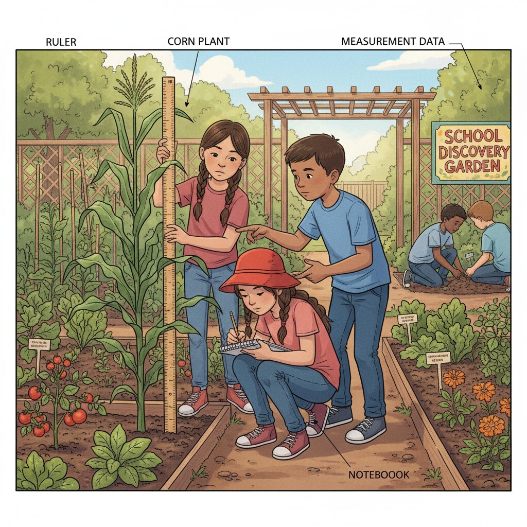 Students conducting scientific experiments in a school garden as part of interdisciplinary learning.