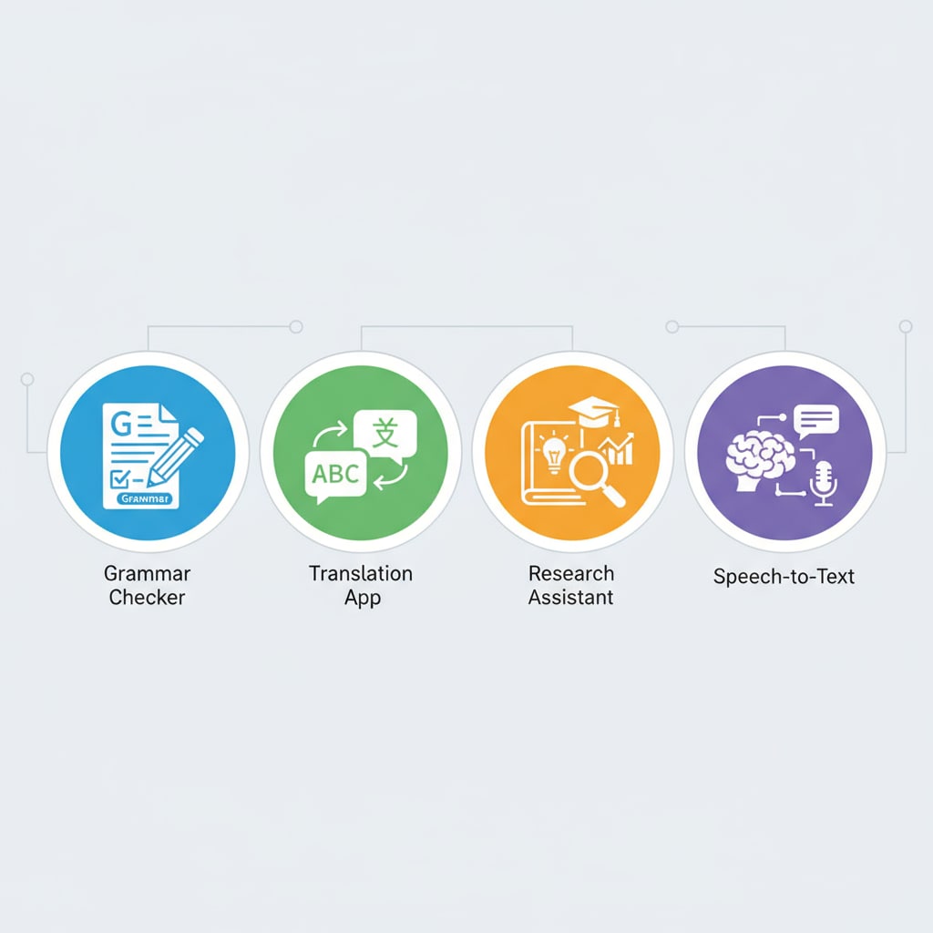 Icons of AI learning tools for education applications and learning assistance