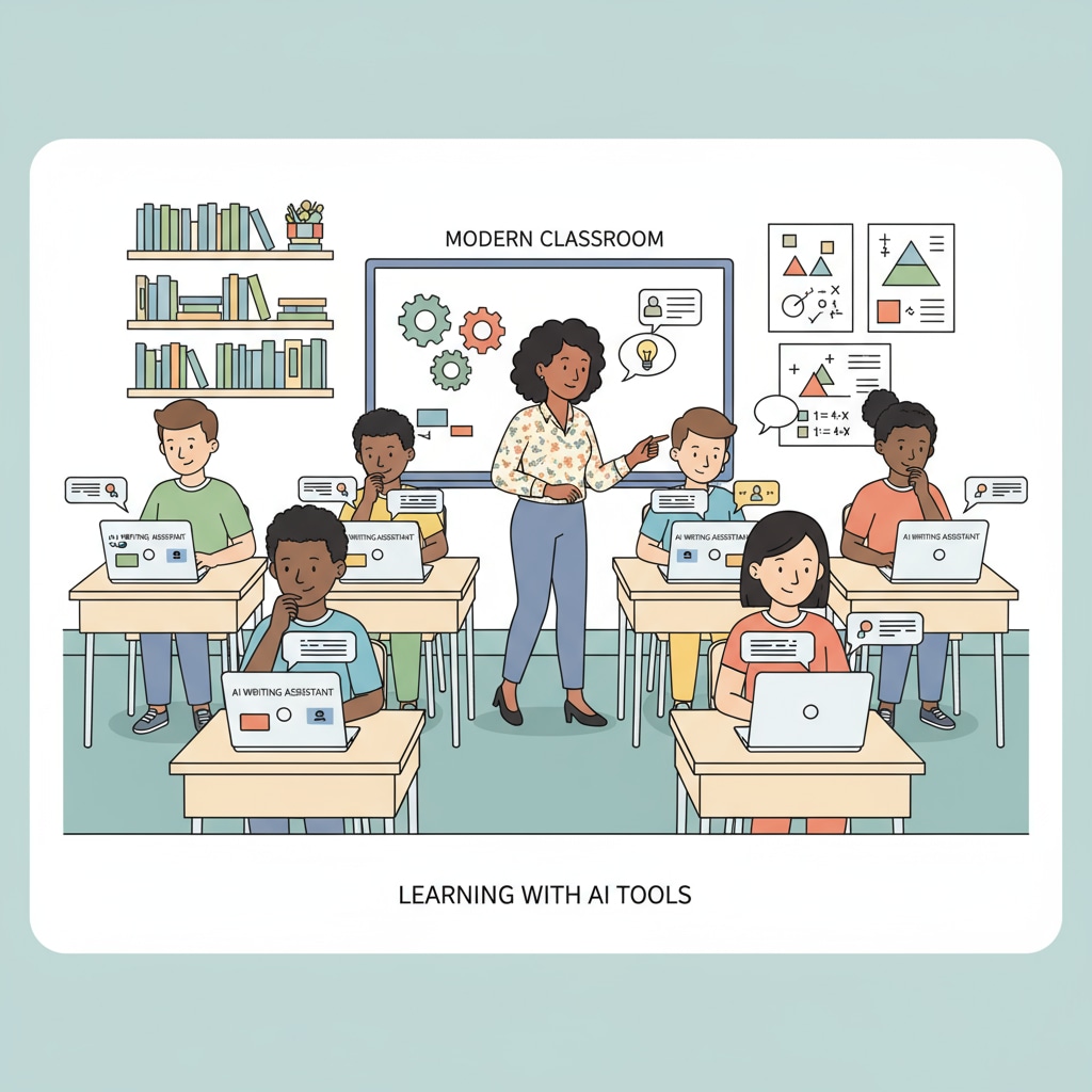 Students using AI writing tools in a classroom for teaching transformation and writing skills development