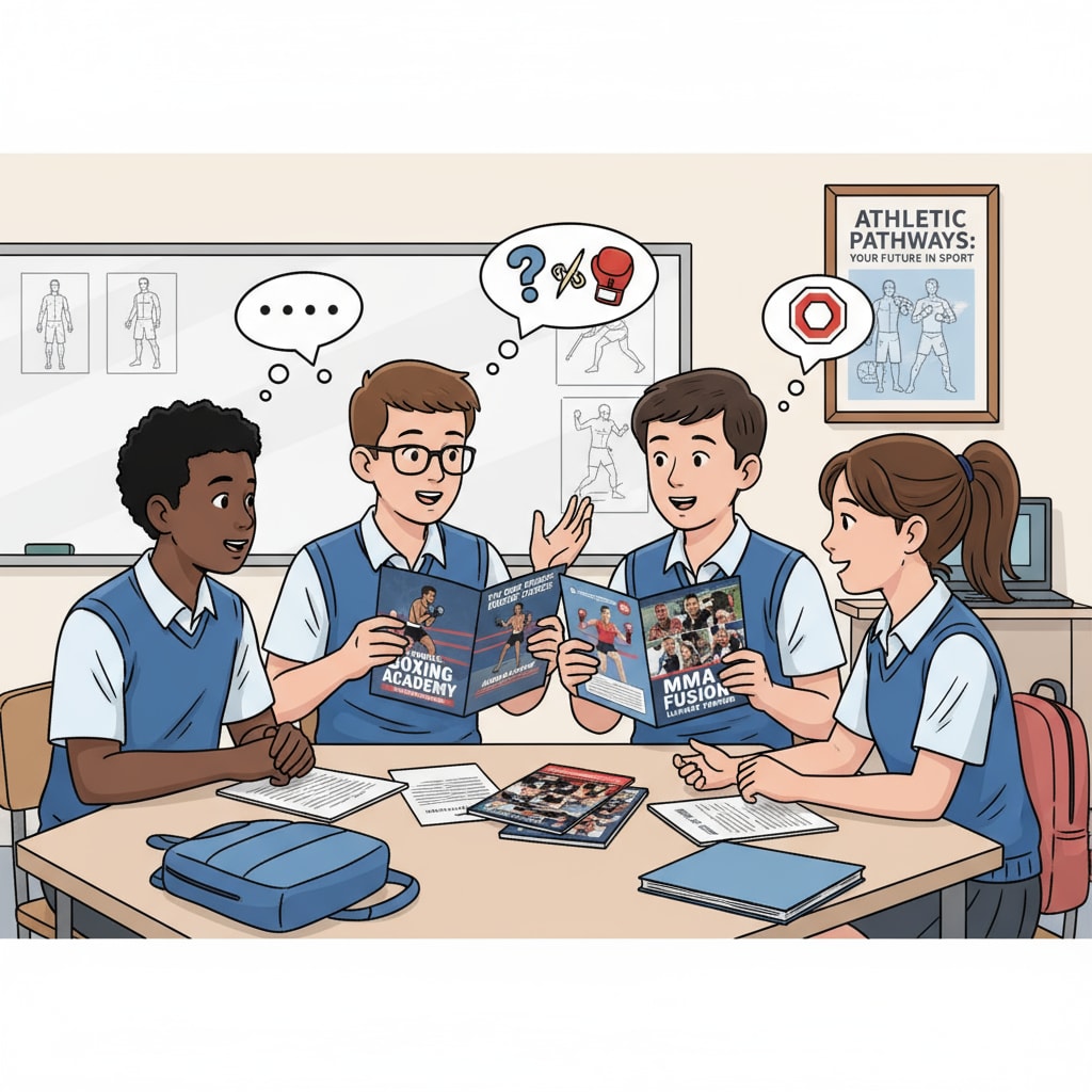 High school students discussing choices between boxing and MMA training for college application extracurriculars