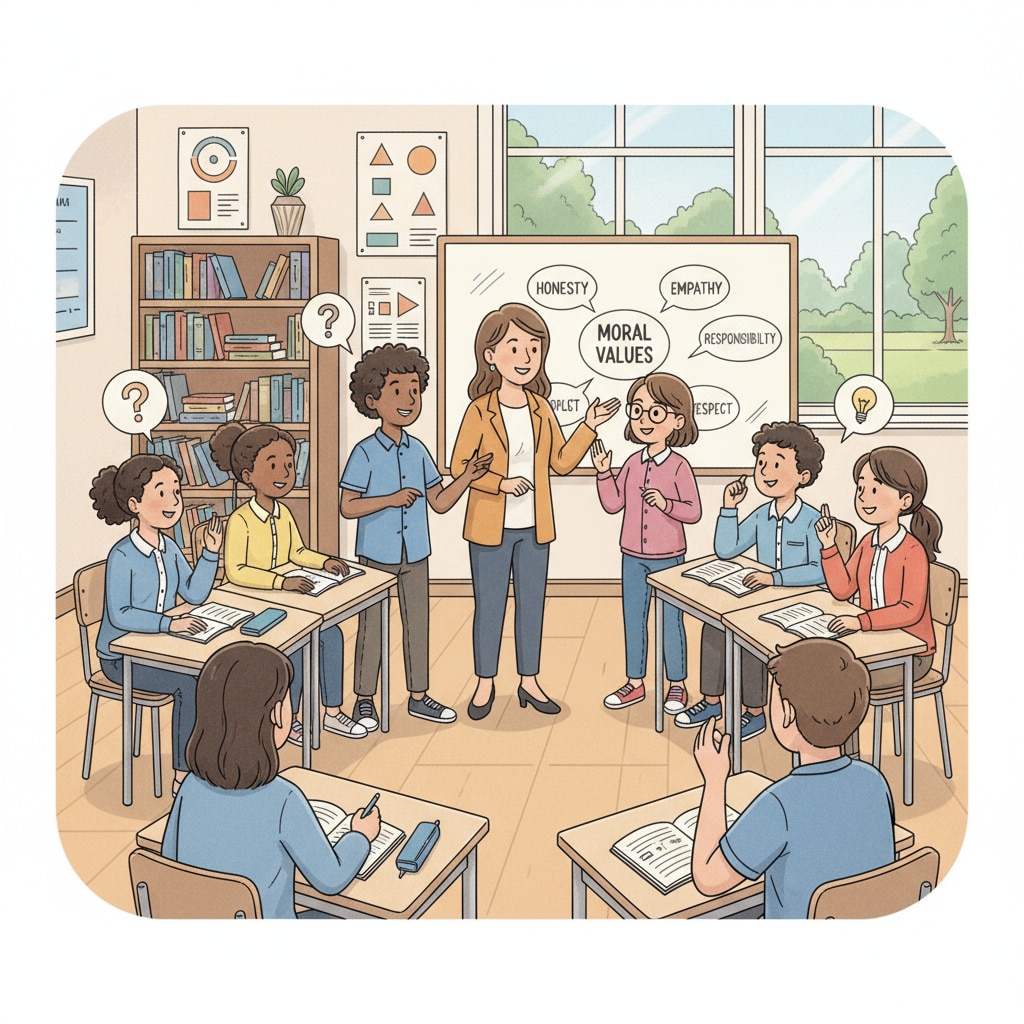 Students discussing moral values in a classroom related to ethical and moral education, compulsory courses, and civic education