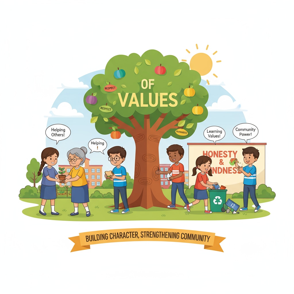 Students involved in a community service project for moral education as part of ethical and moral education, compulsory courses, and civic education