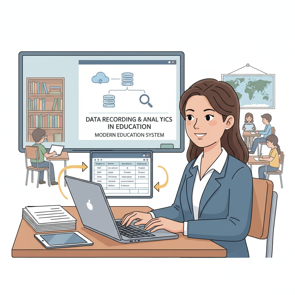 A teacher entering student data related to data recording, micromanagement, lesson planning, and administrative supervision in K12 education