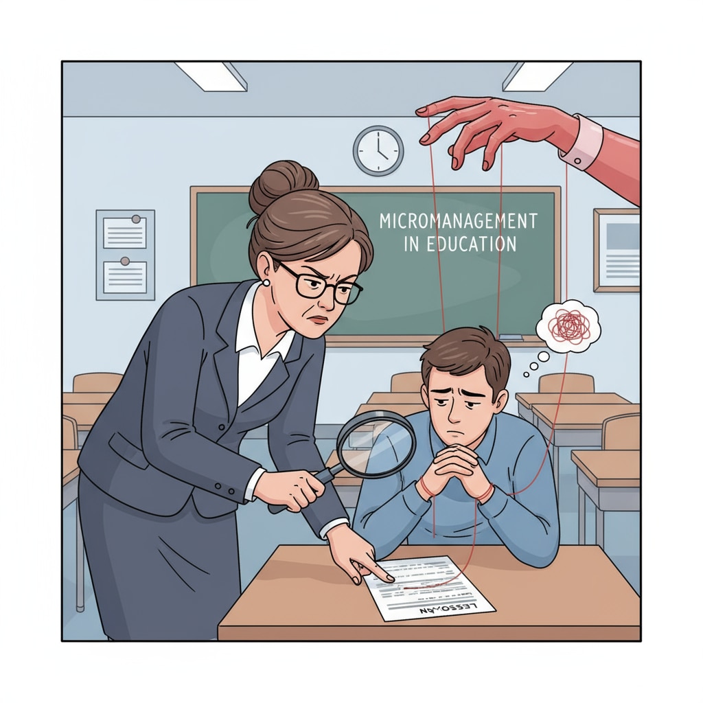 A school administrator reviewing a teacher's lesson plan in the context of data recording, micromanagement, lesson planning, and administrative supervision in K12 education