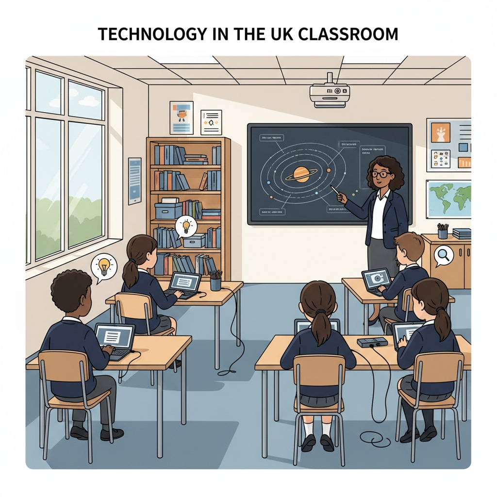 UK education system with students using digital devices for learning related to curriculum reform and AI integration