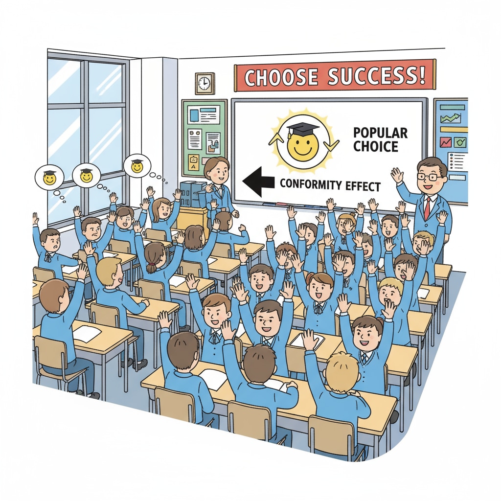 Classroom scene showing students conforming in educational choices under the influence of social pressure and conformity psychology