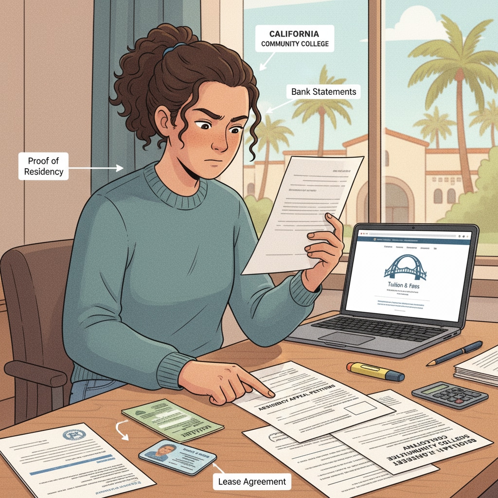 Student reviewing documents for California Community College tuition appeal and resident status