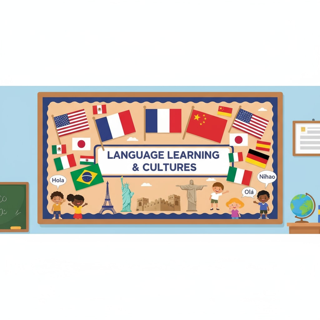 Classroom display of flags symbolizing cultural diversity in language learning