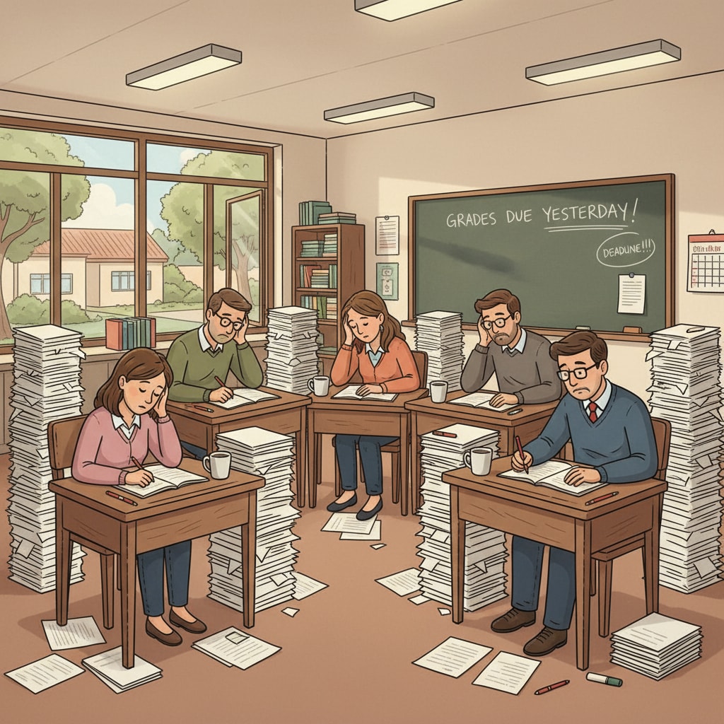 Teachers experiencing burnout due to excessive workload while grading papers.