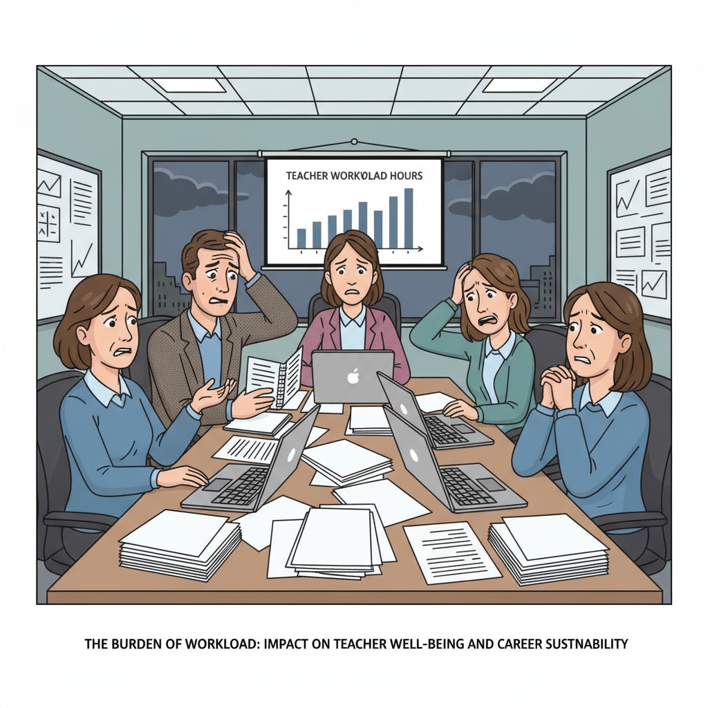 Teachers under stress in a meeting due to excessive workload and career concerns.