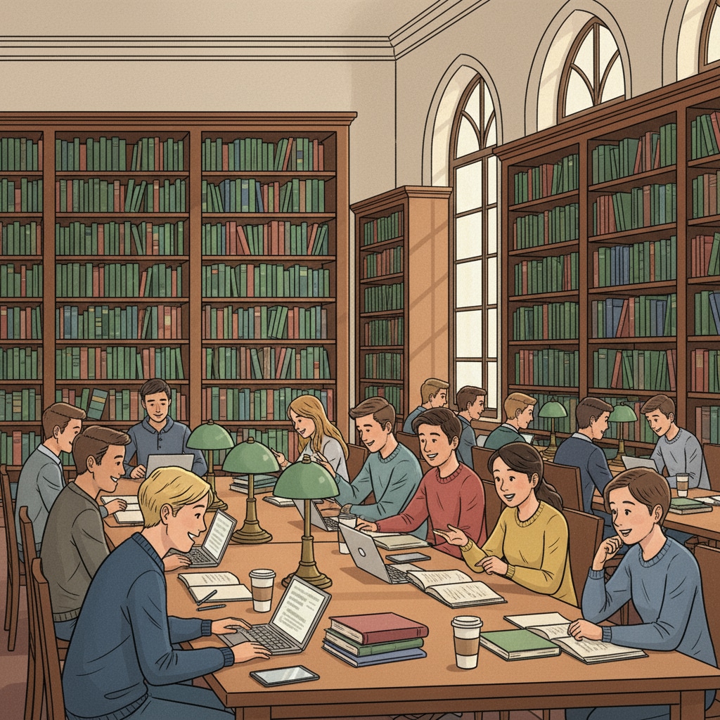Students studying English literature in a library for stress management in their master's degree program