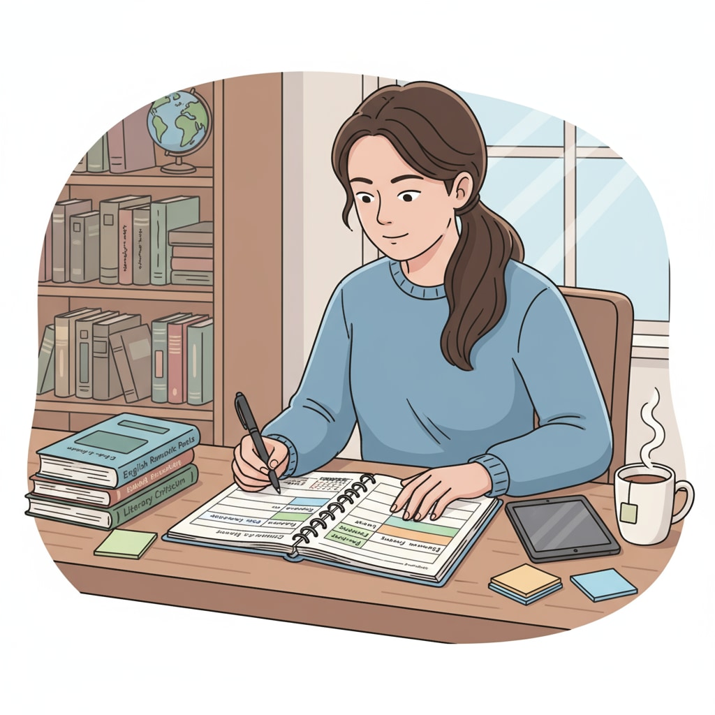 Student using a planner to manage study time for English literature master's degree to deal with stress