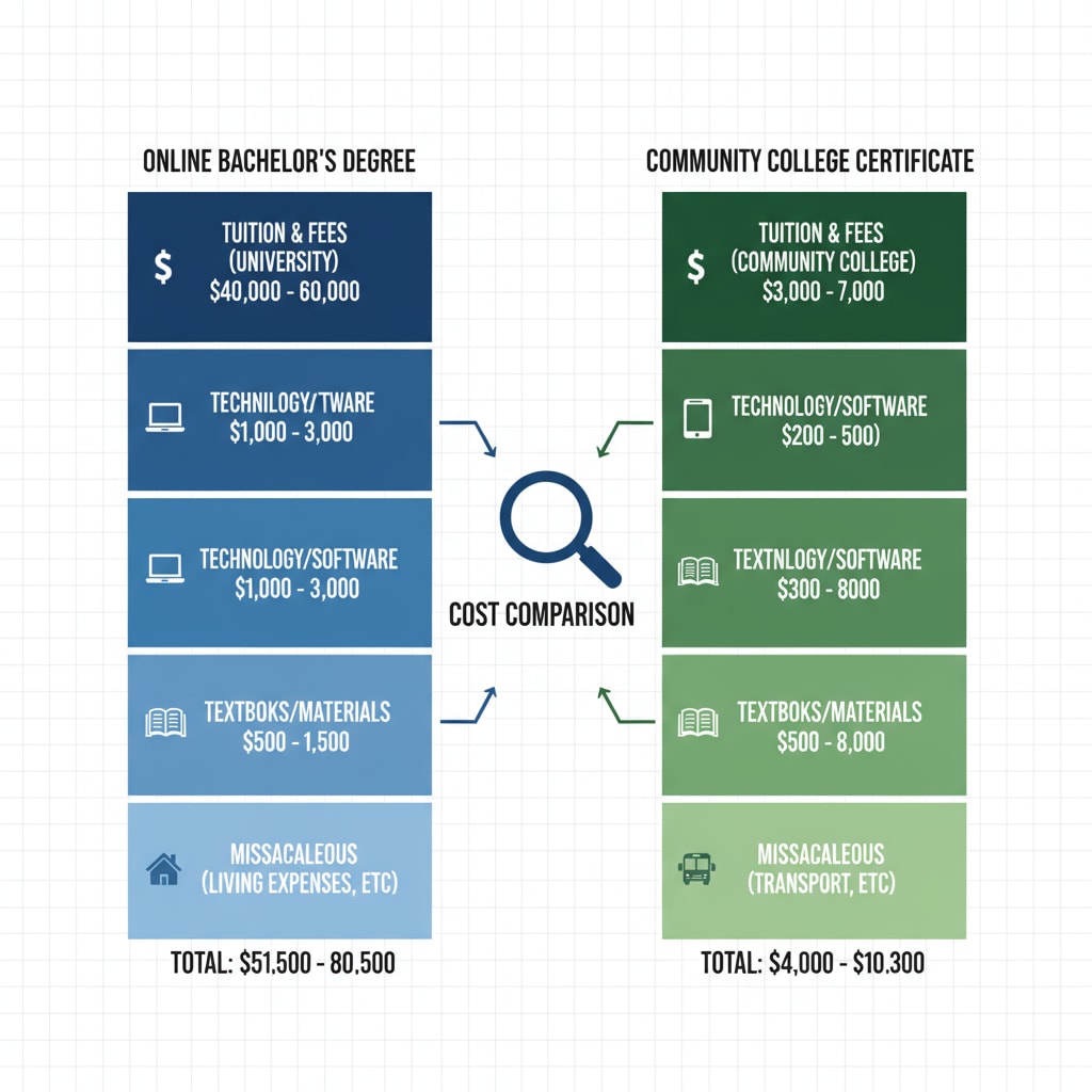 Comparison of education costs for data analysis career between online degree and community college certificate