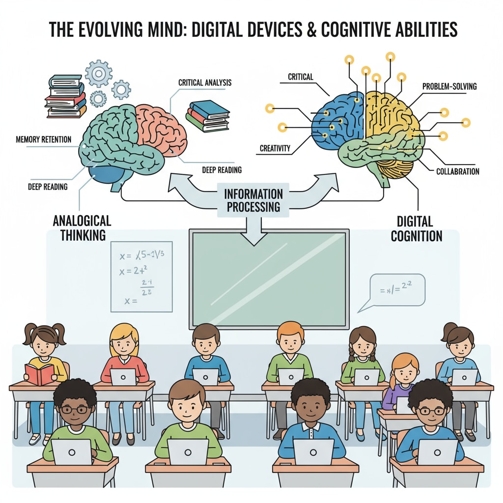 Students using digital devices, affecting their thinking skills, concentration, and cognitive function.
