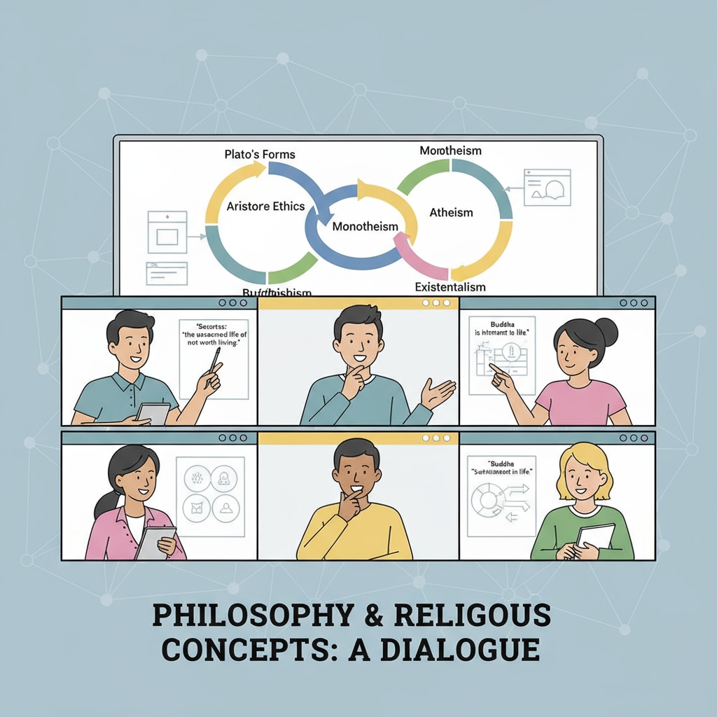 Students discussing philosophy and religious concepts in an online K12 class