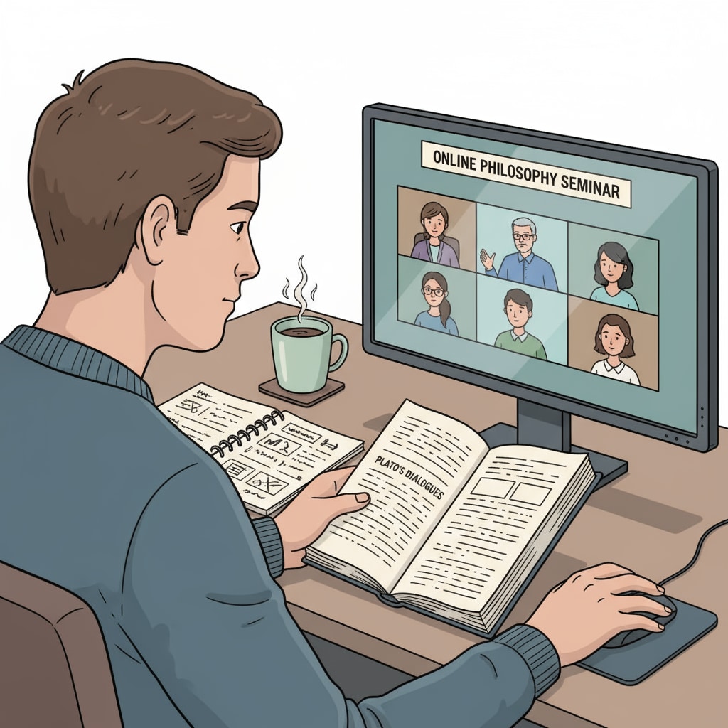 A student reading a philosophy book during an online K12 class