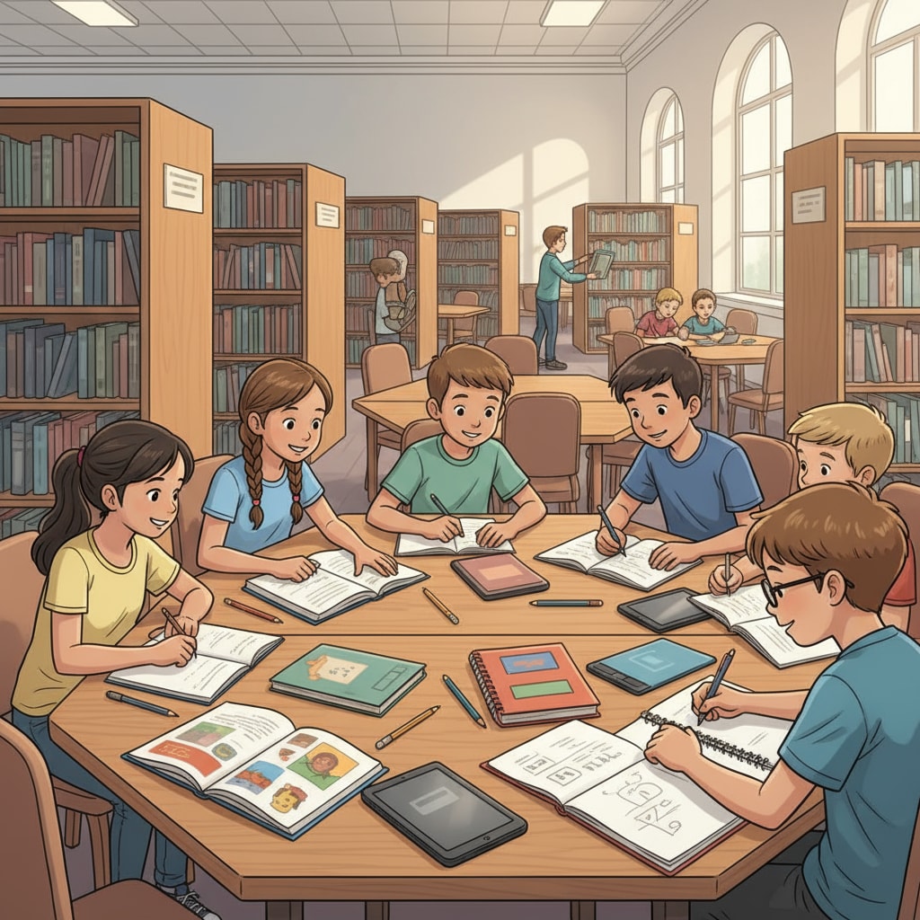 K12 students preparing for exams in a library