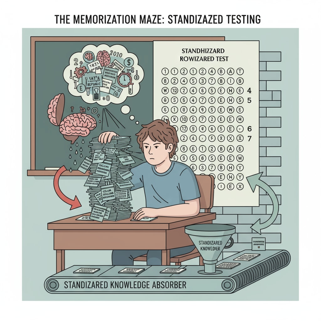 A student preparing for a standardized test by memorizing facts from flashcards, highlighting the issue of overemphasis on memory in learning assessment.