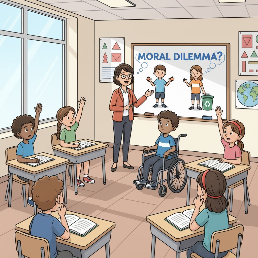 Classroom scene of students discussing moral concepts, highlighting the lack of moral consensus in K12 education.