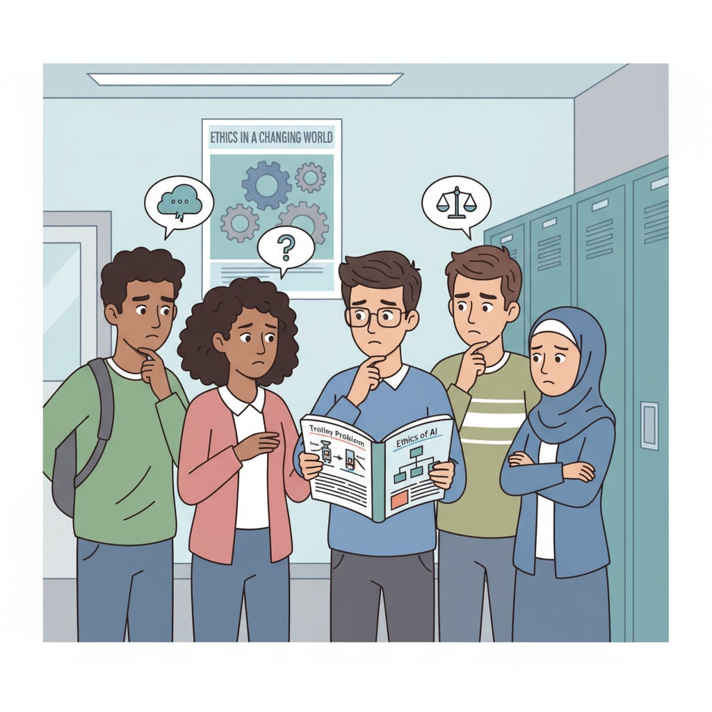 Students discussing ethical issues, reflecting the impact of moral relativism on teenagers' value formation in K12 education.