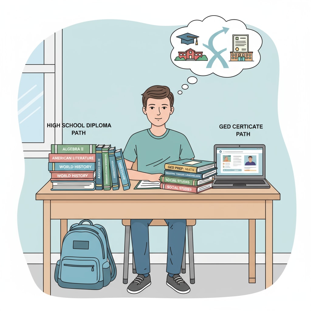 A 17-year-old student considering high school and GED study materials