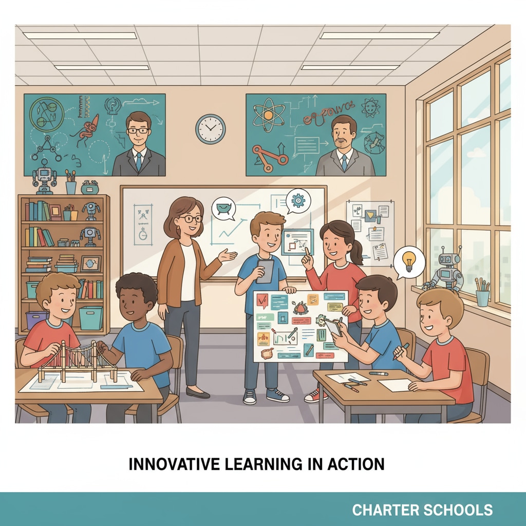 A group of students in a charter school classroom, actively participating in a project - based learning activity. The students are grouped together, discussing and working on a project, showing the innovative teaching methods in charter schools. Students in a charter school engaged in project - based learning