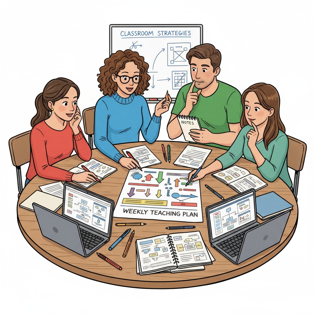 A group of student teachers discussing a teaching plan, emphasizing the collaborative and planning aspects in student teaching related to the authenticity of teaching plans.