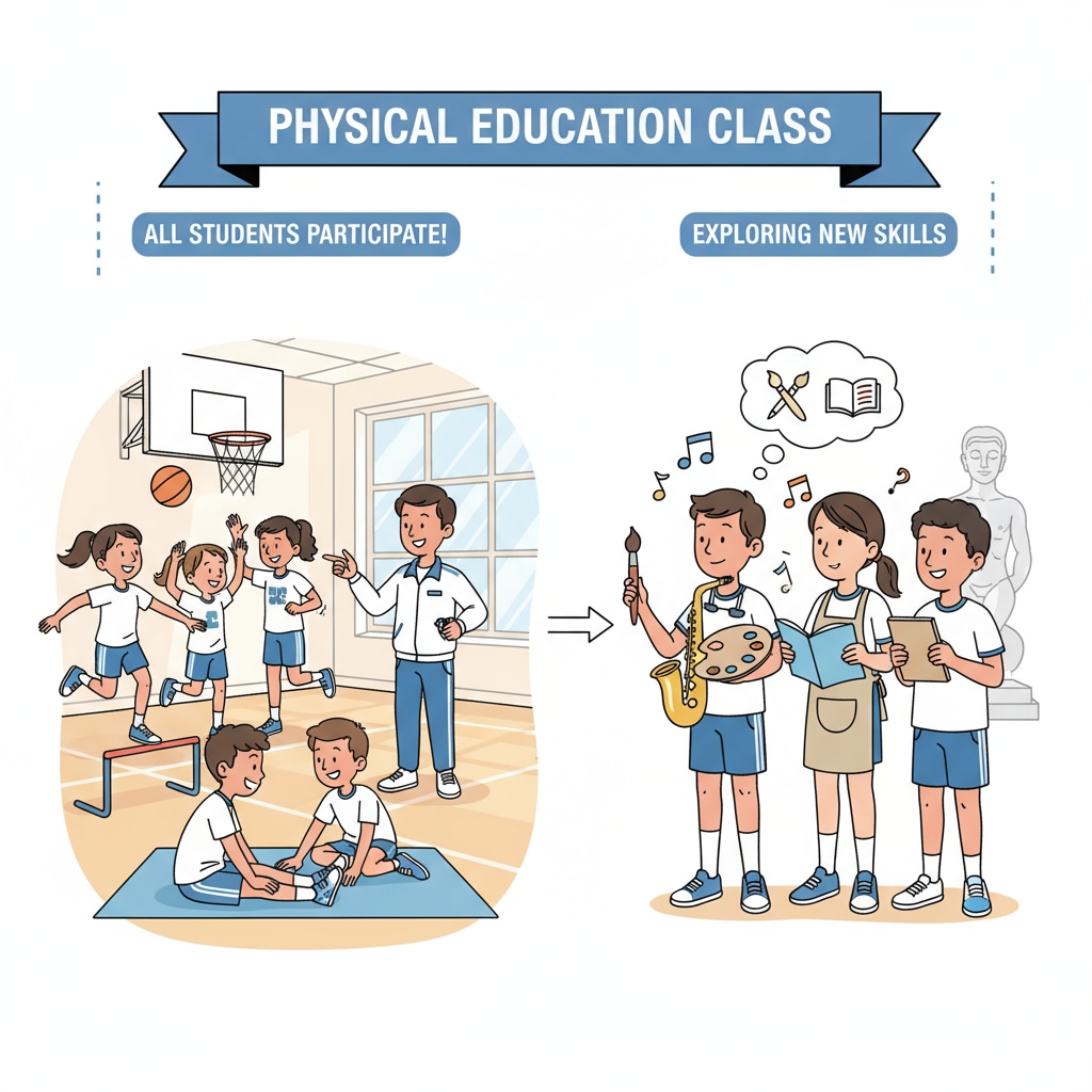 Students in a physical education class due to special course teacher absence, related to special courses, teacher substitution, physical education classes, and educational resources