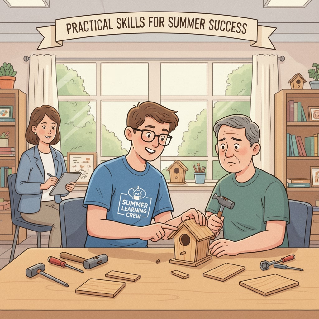 Special education student assisting an older student in a summer job related to therapy