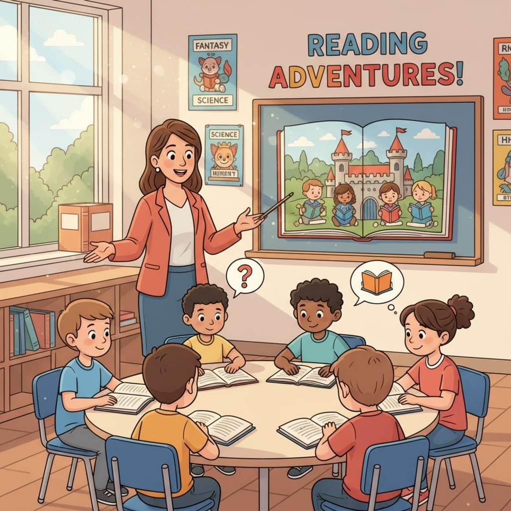 Students learning to read in a classroom, related to reading instruction, school-to-prison pipeline, and education policy