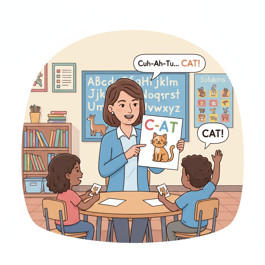 Teacher teaching phonics, relevant to reading instruction, school-to-prison pipeline, and education policy