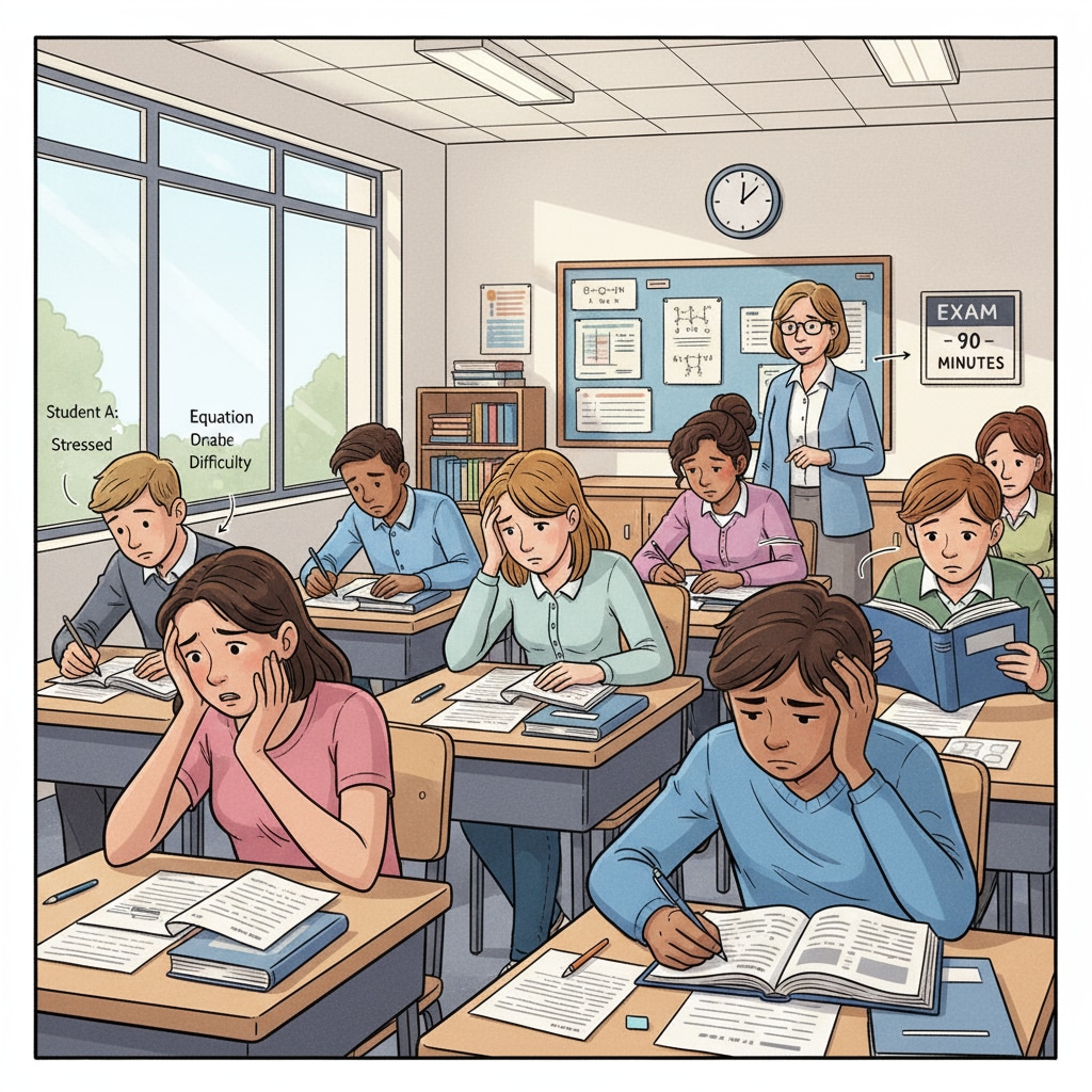 High school students during an exam showing signs of stress due to pandemic-related educational challenges