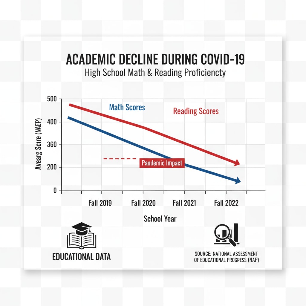 Graph depicting the fall in high school students' academic performance in math and reading as a result of the pandemic
