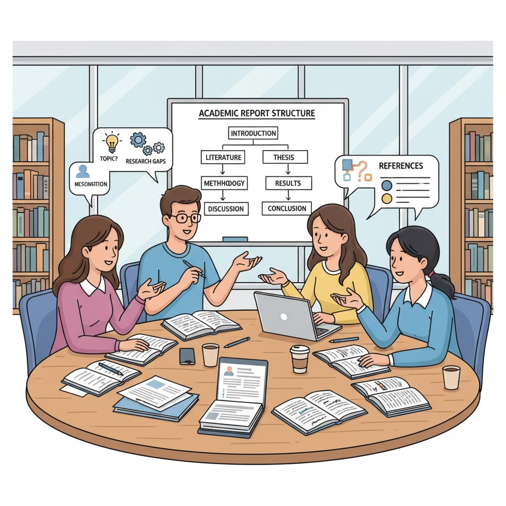 Students discussing academic report writing in a study group related to report writing, scoring criteria, and academic writing