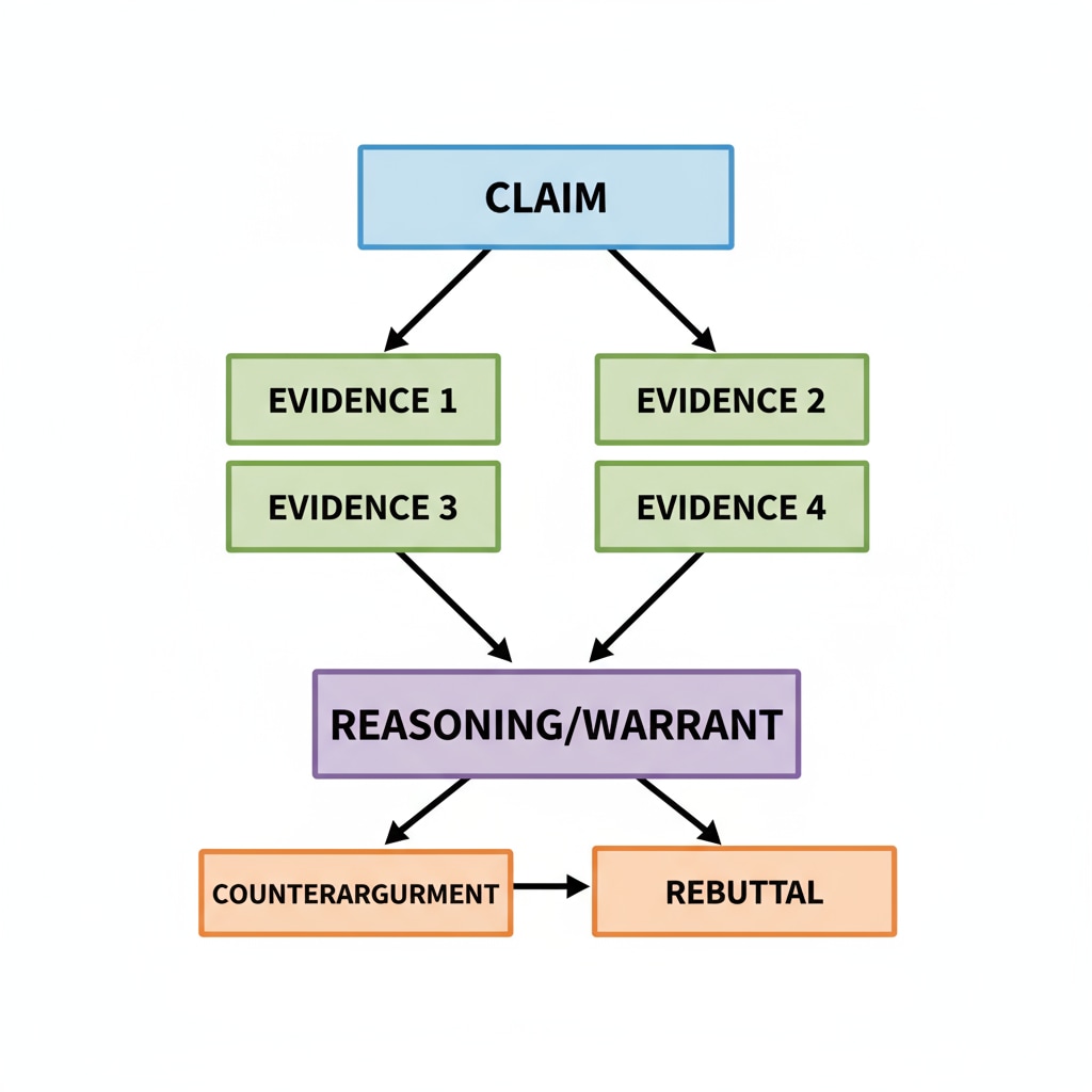 A diagram showing a well-structured argument flow relevant to report writing, scoring criteria, and academic writing