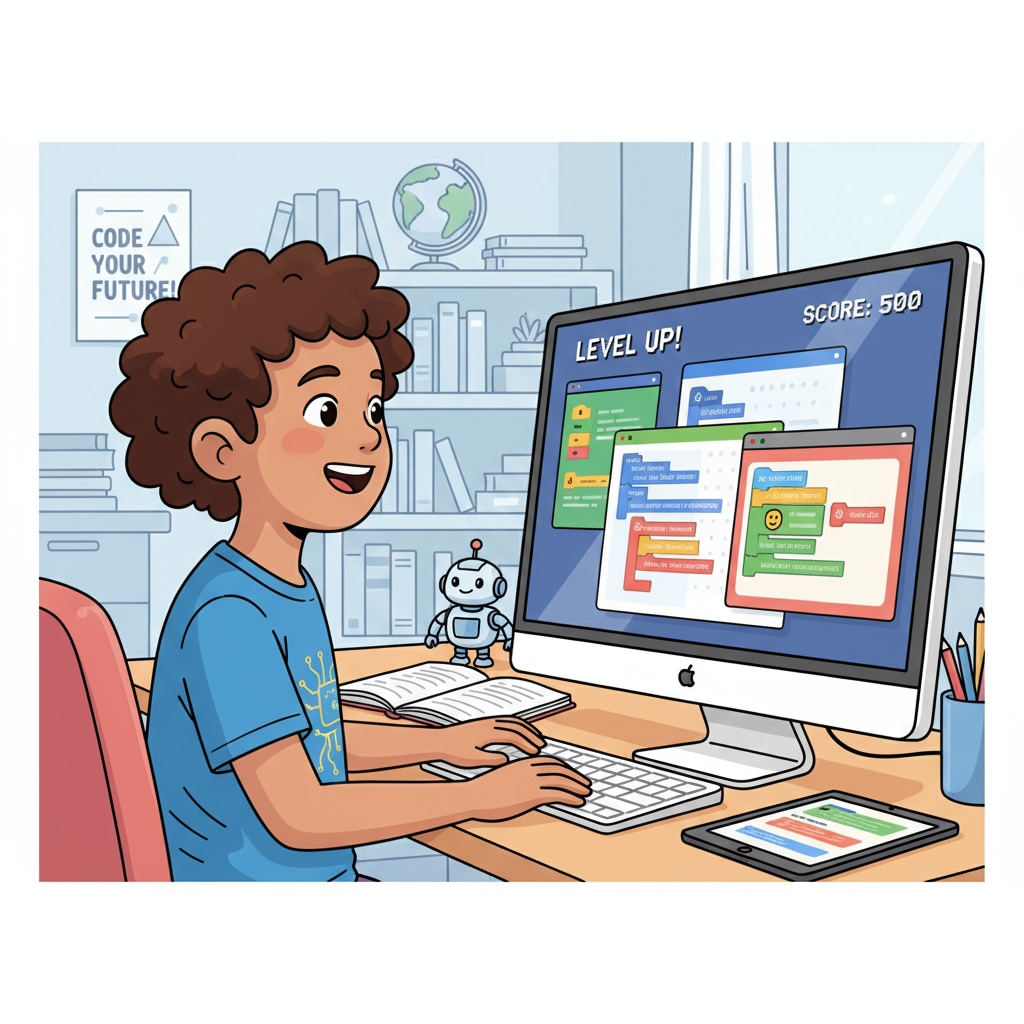 Young student enjoying coding for future bioinformatics studies